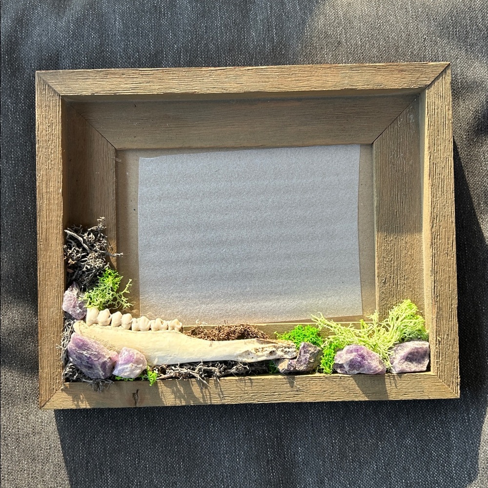 Handmade Wooden Picture Frame with Real Amethyst and Deer Jaw Bone